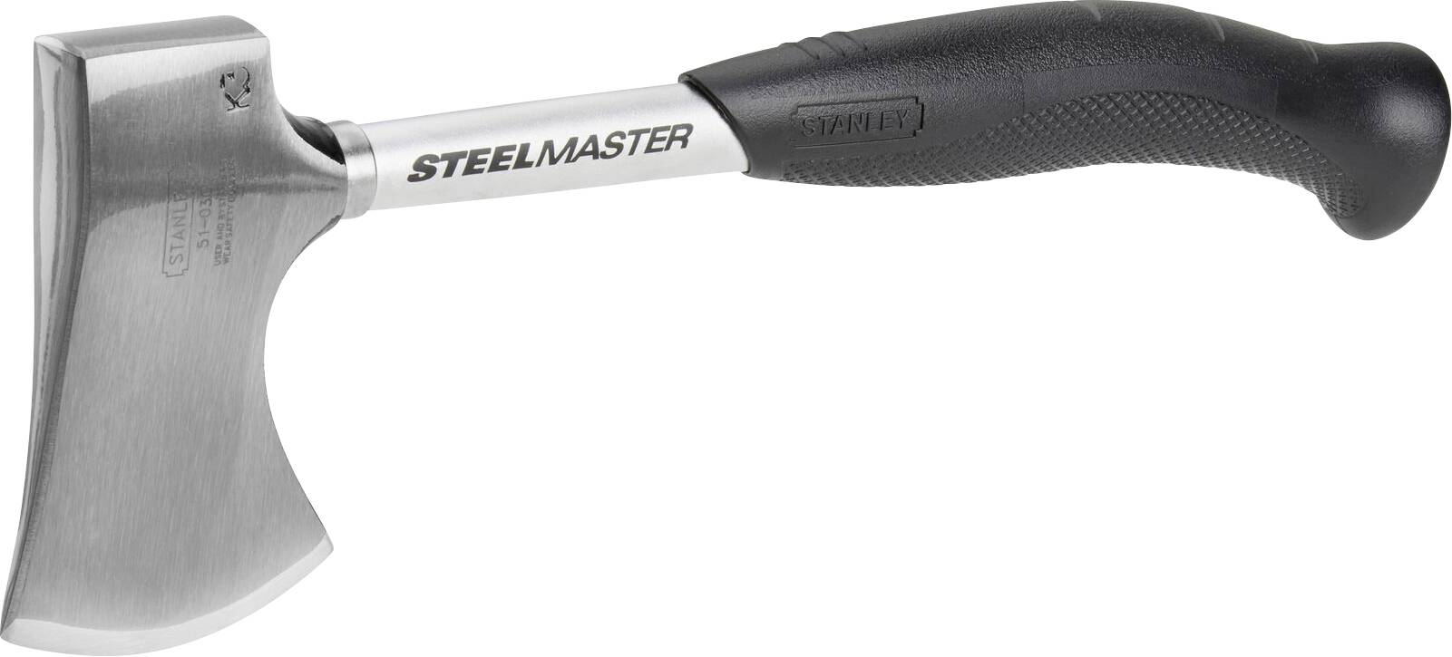 Een kleine, grijze bijl met een zwarte kunststof handgreep. Op het zilveren lemmet staat 'STEELMASTER'. Geschikt voor precies hakken.