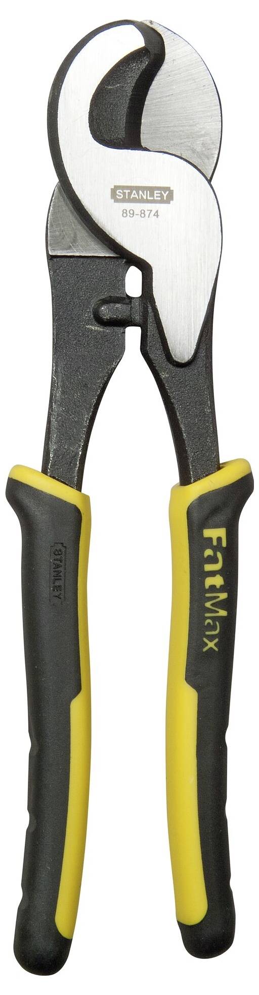 Een kabelschaar met zwarte en gele handgrepen, gefabriceerd door Stanley, geschikt voor het doorknippen van dikke kabels.