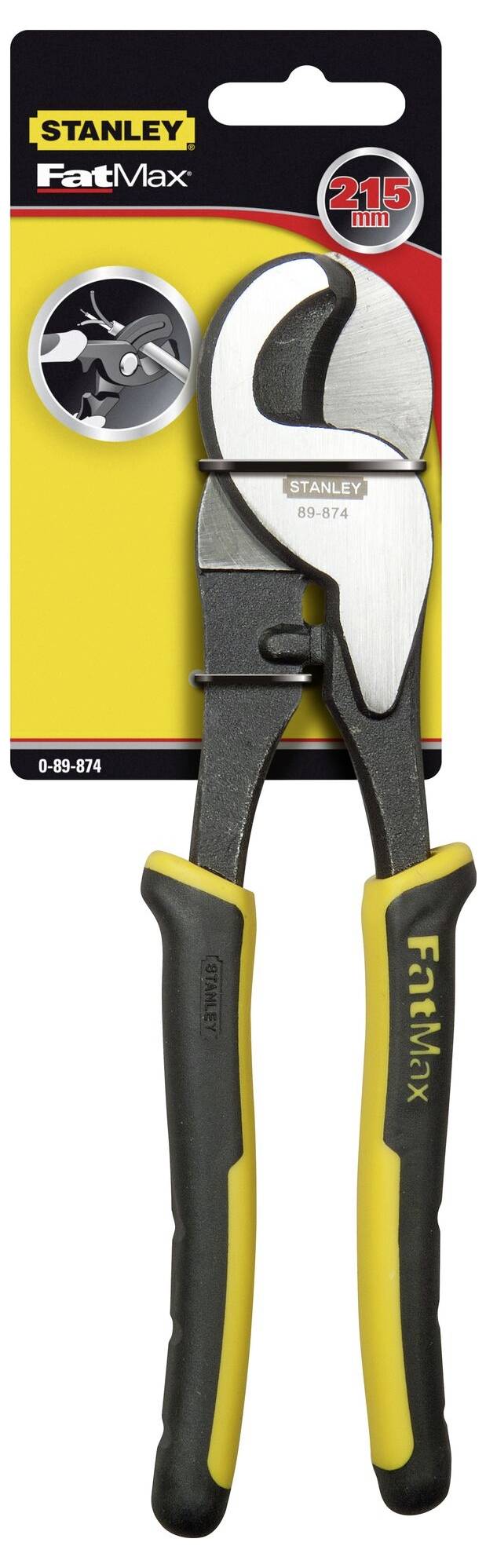 Tang met gele en zwarte handgrepen van Stanley FatMax in verpakking met logo en de vermelding '215 mm'.
