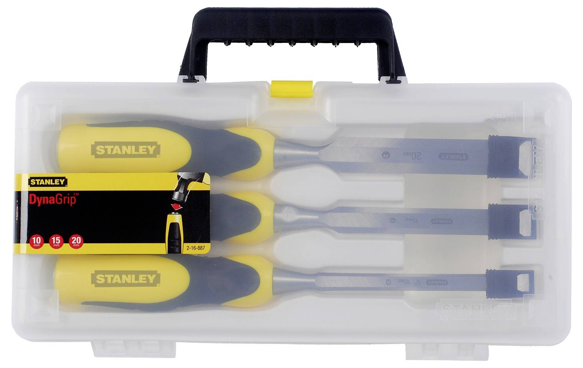 Een kunststof etui met drie gele en zwarte Stanley-DynaGrip-houtbeitels.
