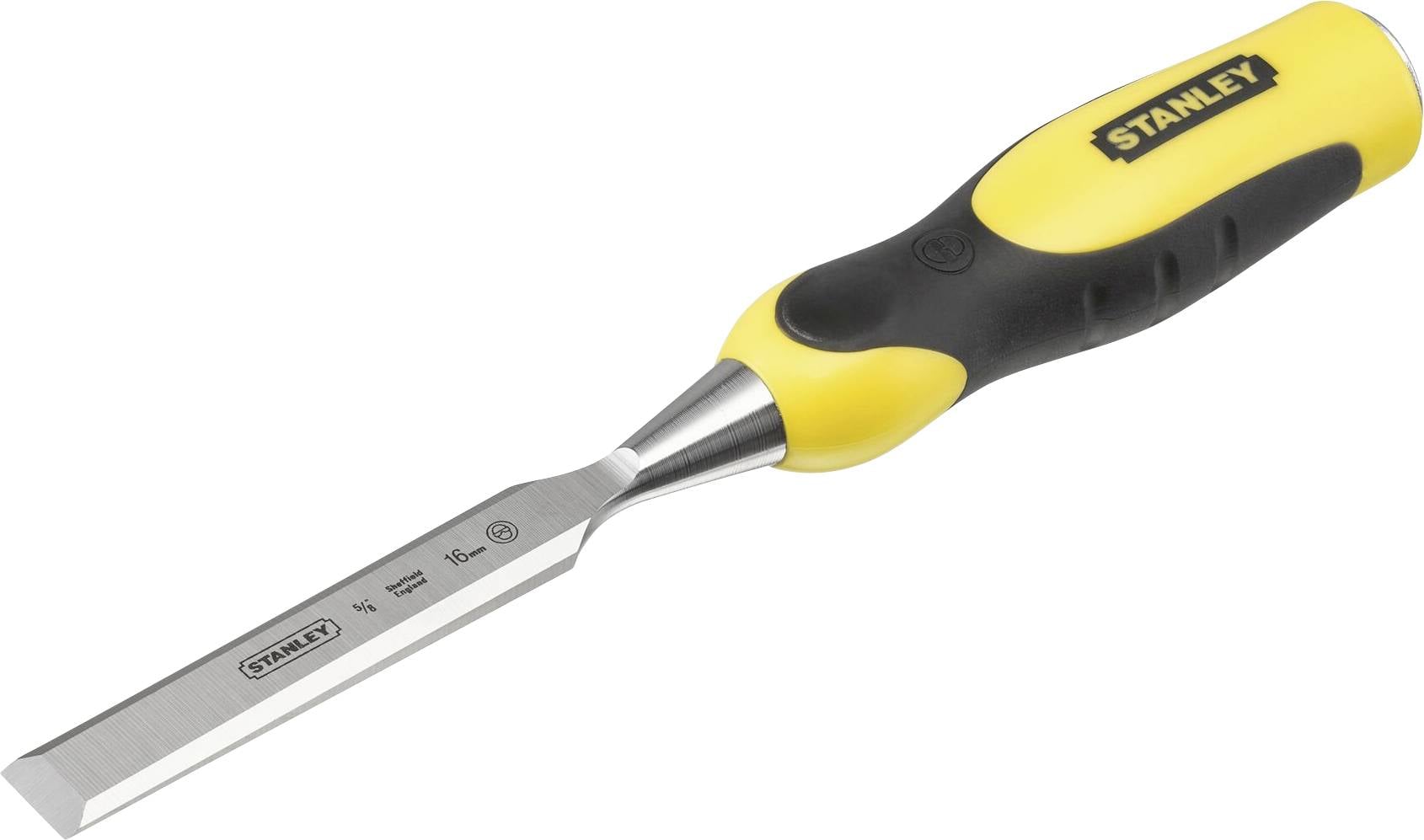 Een gele en zwarte Stanley-houtbeitel met ergonomische handgreep, ideaal voor houtsnijden en houtbewerking.