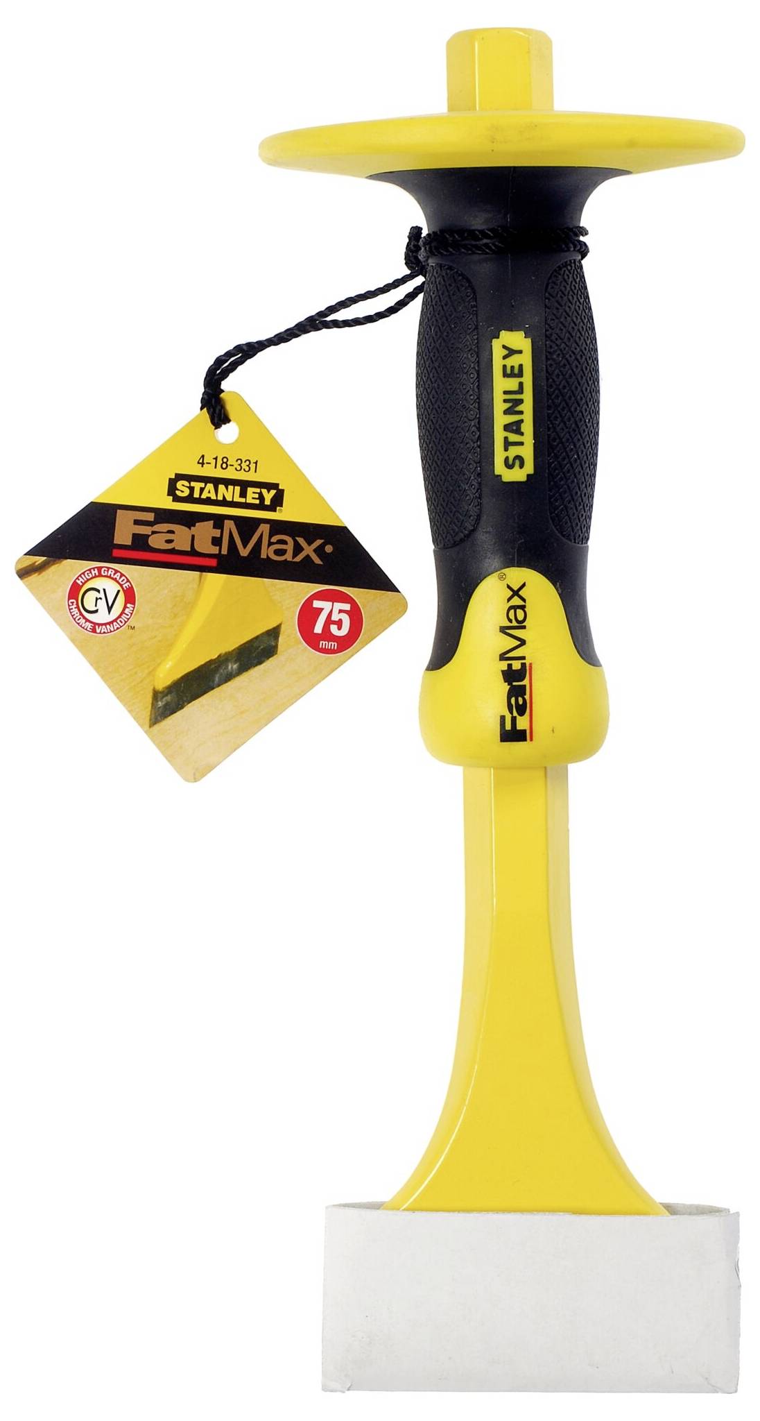 Gele en zwarte Stanley FatMax hamer met rubberen handgreep en rechthoekige kop. Verpakkingsetiket met een breedte van 75 mm getoond.