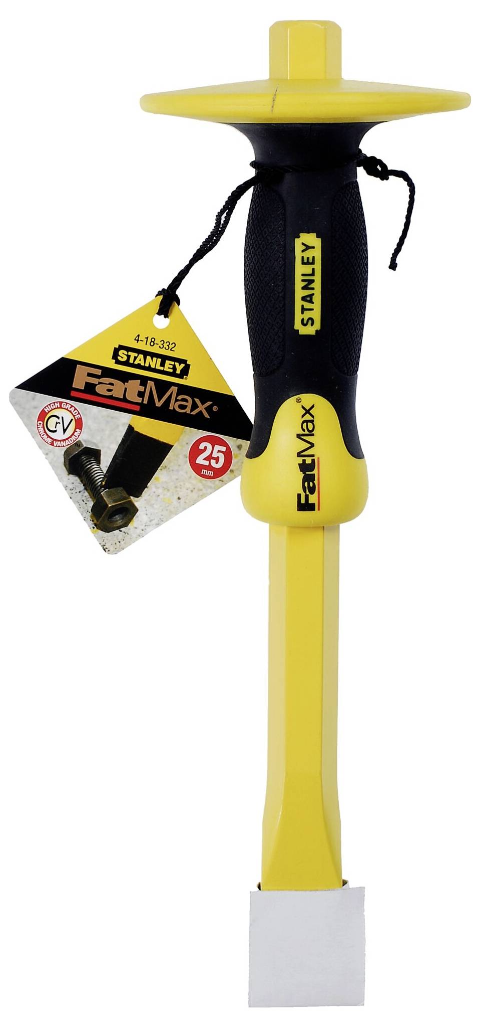 Gele en zwarte beitel van Stanley FatMax met een antislip handgreep en een brede kling, voorzien van een verpakkingsetiket.