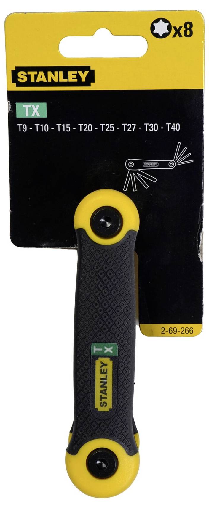 Torx-sleutelset van 'Stanley' met 8 maten (T9 tot T40), gemonteerd op een zwarte en gele greep. Verpakking toont een overzicht van de afmetingen.