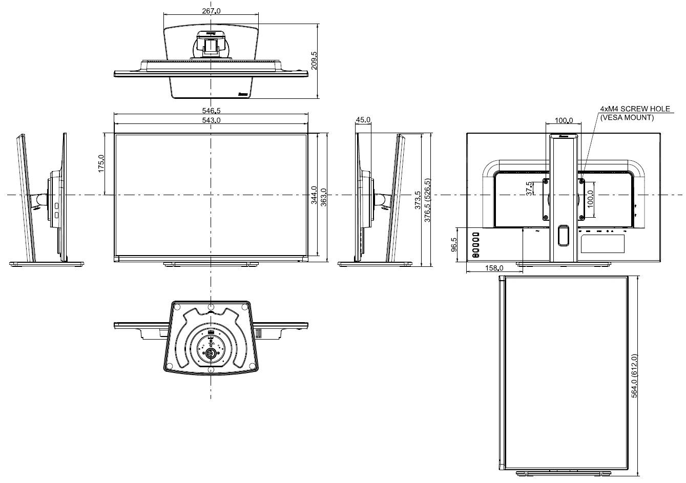 Technische tekening van een monitor met aanzichten van voor, boven, zijkant en achter. Details met betrekking tot afmetingen en VESA-bevestigingspunten.