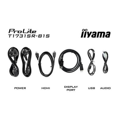 'Productafbeelding van de iiyama ProLite T1731SR-B1S monitor. Toont de aansluitkabels: Voeding, HDMI, DisplayPort, USB, Audio.'