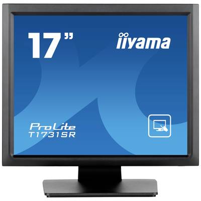 Een 17-inch iiyama ProLite T1731SR-monitor met touchscreen-icoon op een blauwe achtergrond.