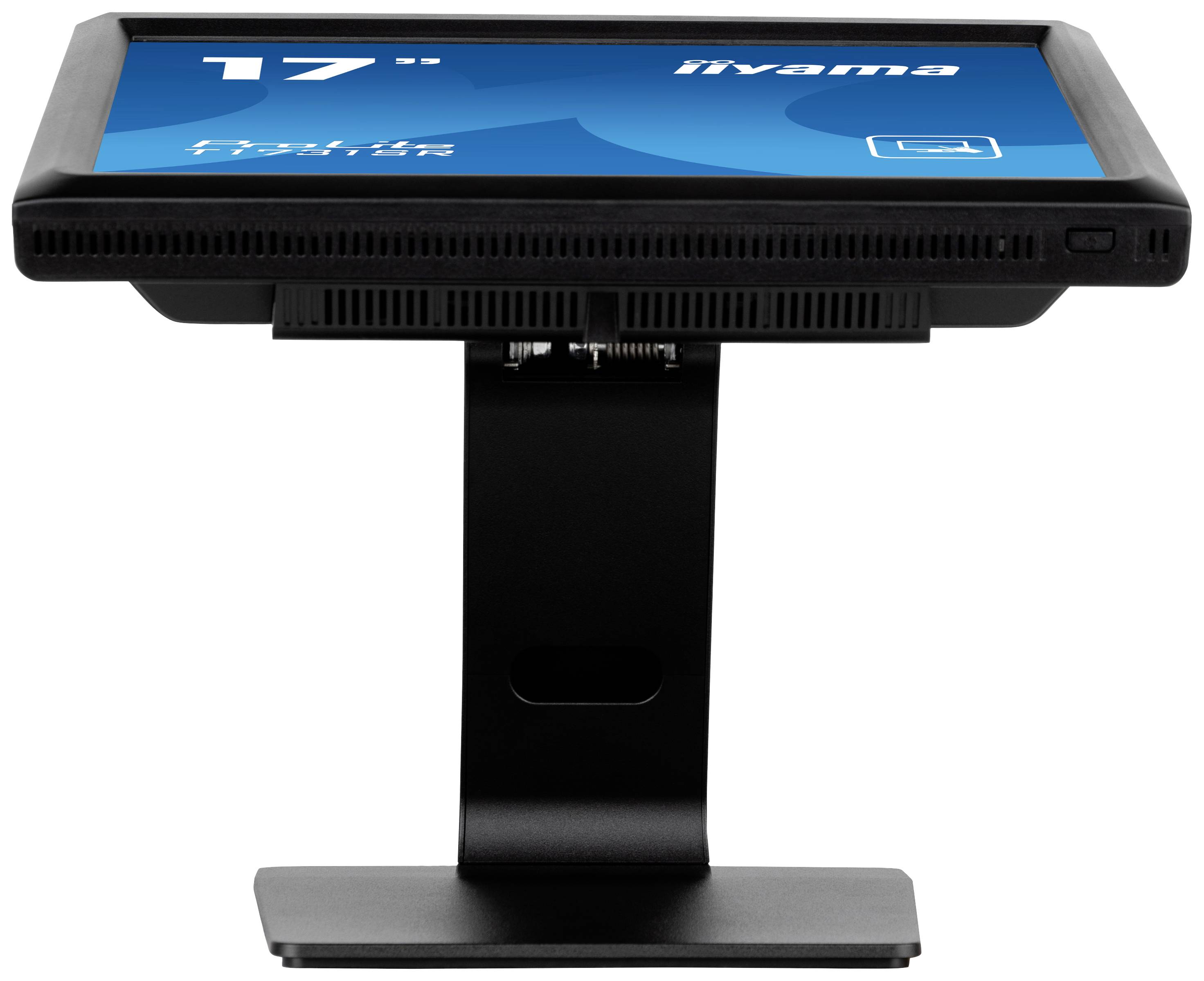 17-inch monitor op standaard, licht schuin gezet. Scherm toont een blauwe achtergrond met symbolen en tekst.