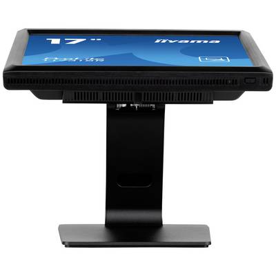 17-inch monitor op standaard, licht schuin gezet. Scherm toont een blauwe achtergrond met symbolen en tekst.