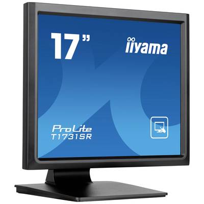 Een zwarte computermonitor toont een blauw display met de tekst '17" iiyama ProLite T1731SR' en een touchscreen-symbool.