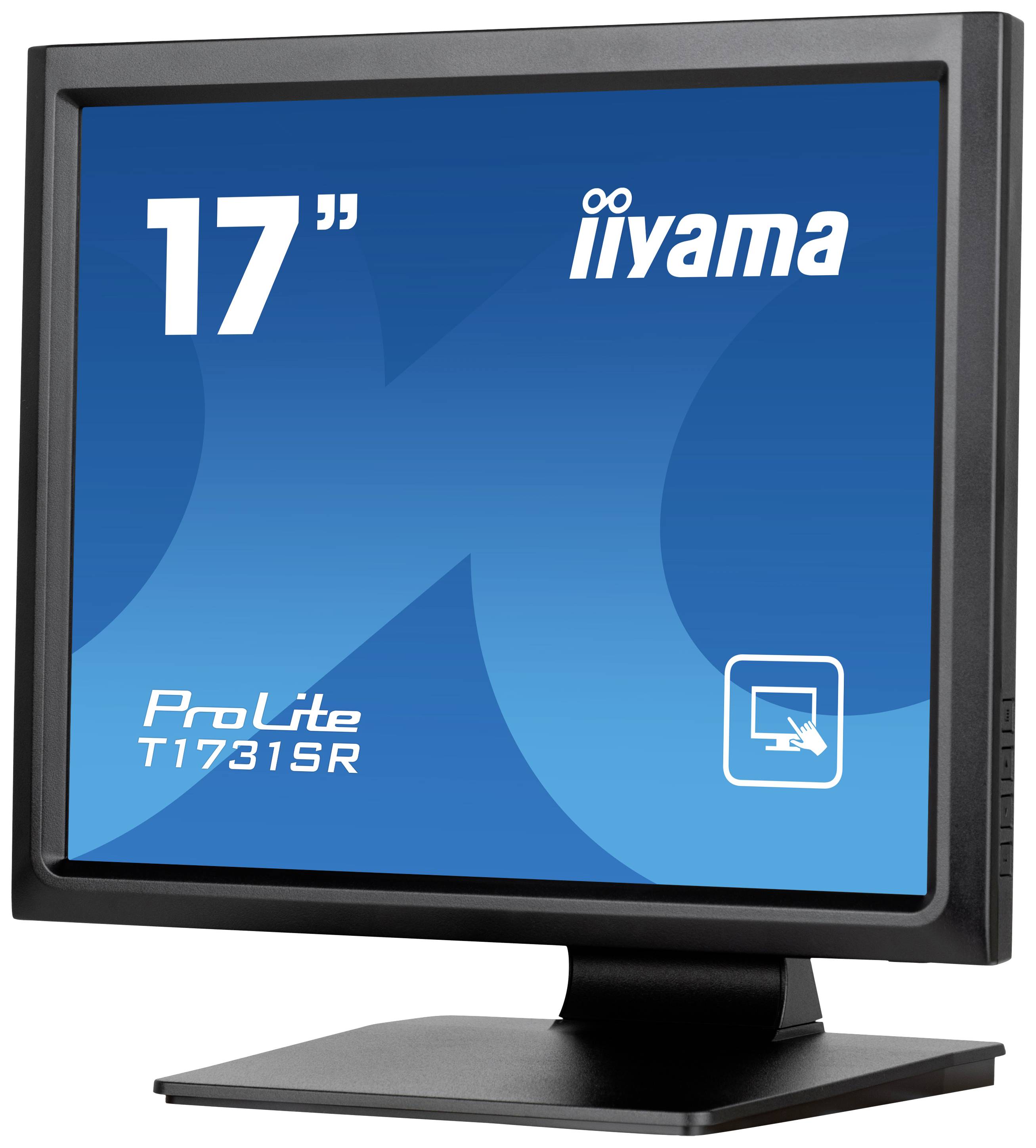 Een 17-inch iiyama-monitor, model ProLite T1731SR, toont een blauw beeldschermontwerp met een touchscreen-symbool.