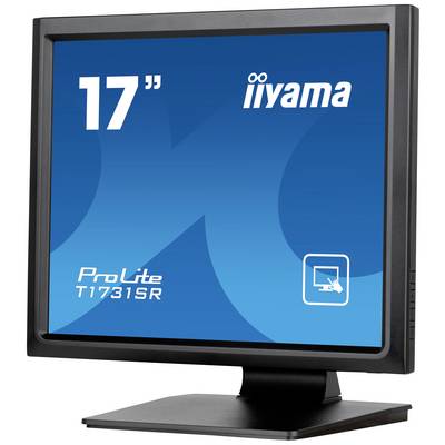 Een 17-inch iiyama-monitor, model ProLite T1731SR, toont een blauw beeldschermontwerp met een touchscreen-symbool.
