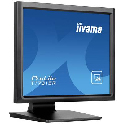 Een computerscherm met het opschrift 'iiyama ProLite T1731SR', toont een blauw ontwerp met een touchscreen-symbool.