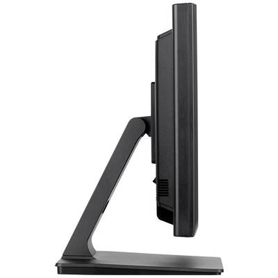 Een zwart computerscherm van opzij, toont een slank, modern design op een stabiele voet.