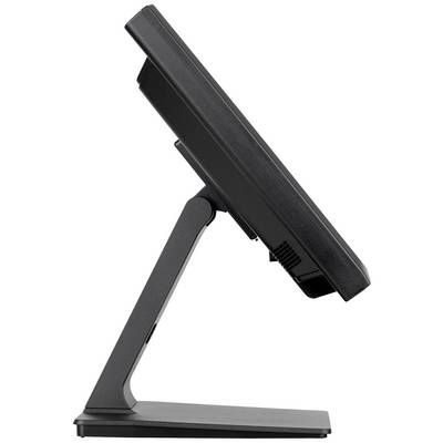 Een zwarte computermonitor in zijaanzicht op een metalen standaard, licht naar voren gekanteld.
