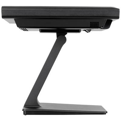 Een zwarte monitor in zijaanzicht op een standaard toont het slanke ontwerp en de verstelbare bevestiging.