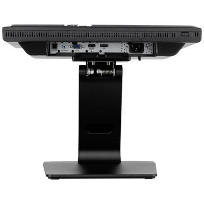 Achterkant van een computermonitor met zichtbare aansluitingen: audio, VGA, DVI en stroom. De monitor staat op een stabiele voet.