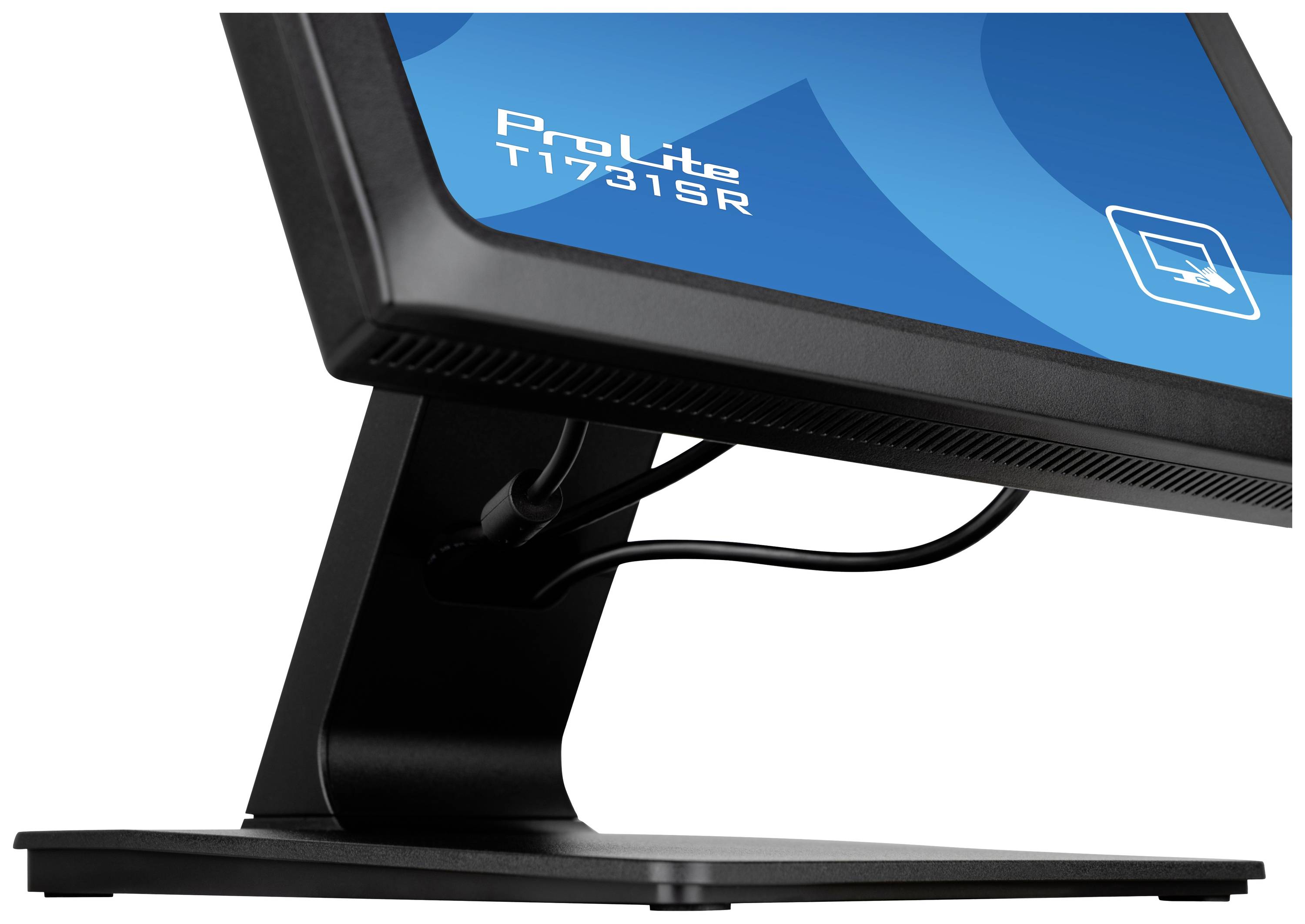 Zijaanzicht van een zwarte monitorstandaard met een beeldscherm dat de tekst 'ProLite T1731SR' toont op een blauwe achtergrond.