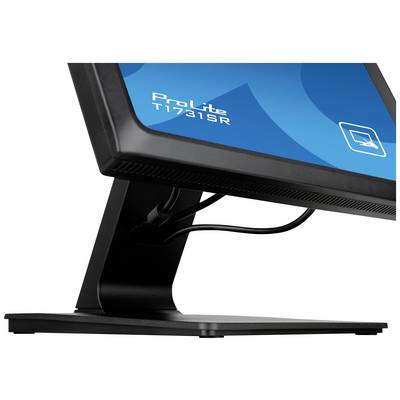 Zijaanzicht van een zwarte monitorstandaard met een beeldscherm dat de tekst 'ProLite T1731SR' toont op een blauwe achtergrond.