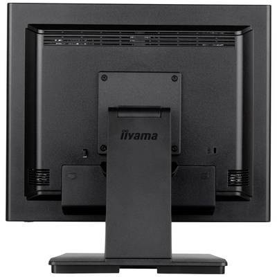 De afgebeelde monitor toont de achterkant van een zwarte iiyama-beeldscherm met standaard, ventilatiesleuven en verschillende aansluitingen.