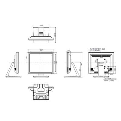Technische tekening van een monitor met zij-, voor- en achteraanzicht. Afmetingen en boorgaten voor VESA-montage zijn weergegeven.