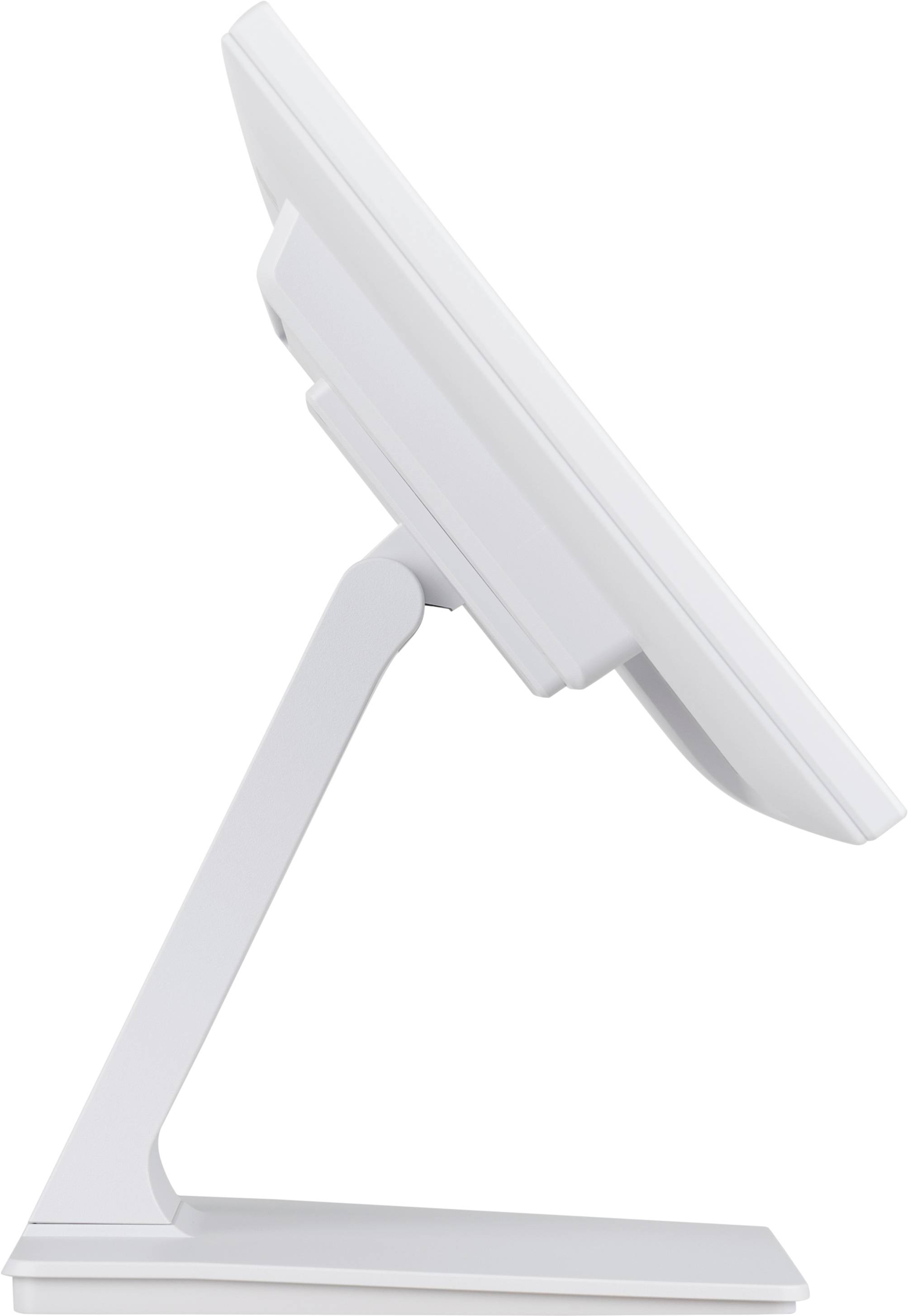 Een moderne, witte computermonitor gezien van opzij met een slanke standaard die het scherm naar voren kantelt.