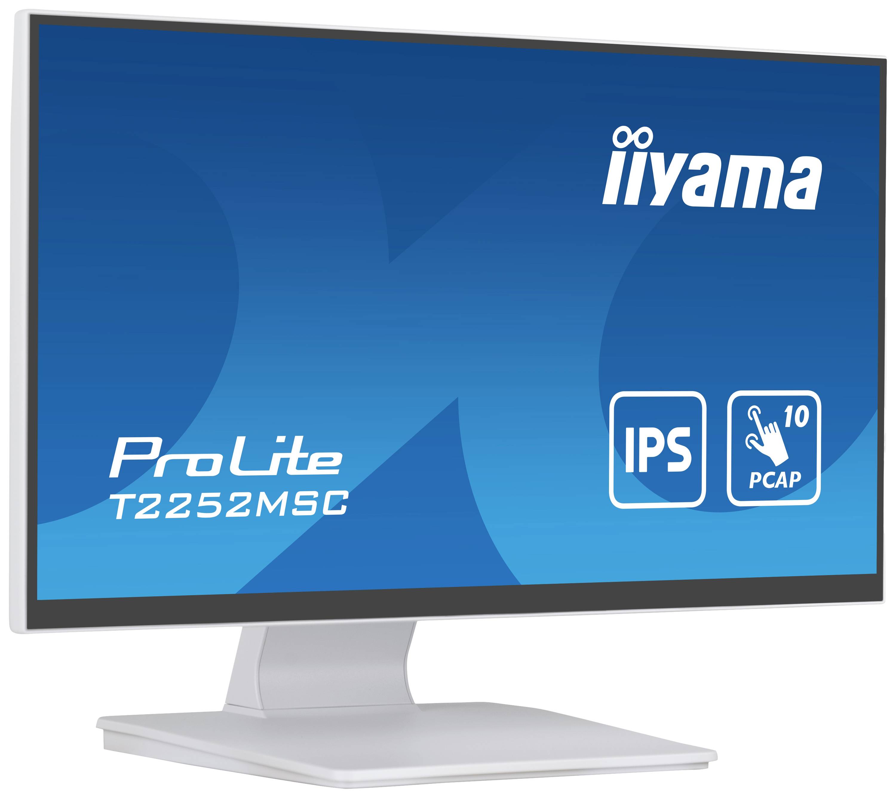 Een monitor met het logo 'iiyama ProLite T2252MSC'. Op het scherm zijn symbolen voor IPS-display en PCAP-touchscreen-technologie.