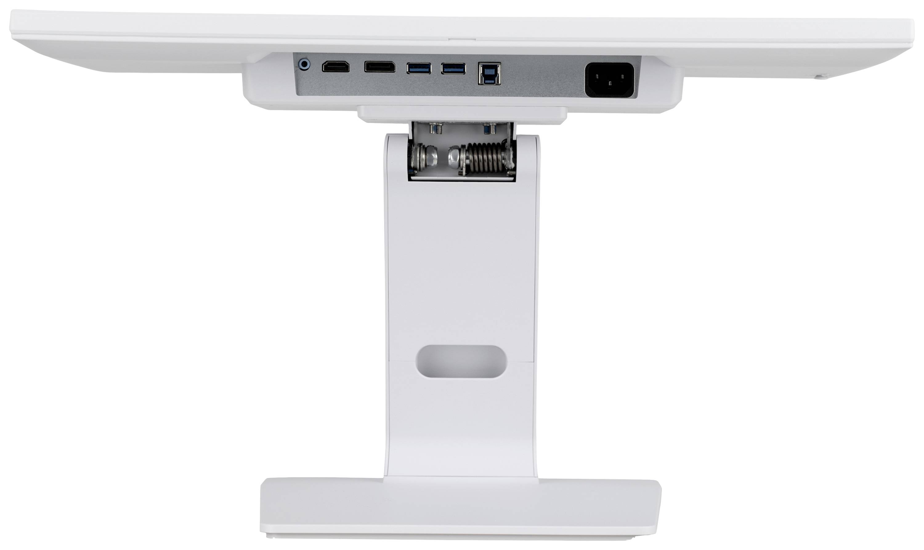 Achterkant van een monitor op een standaard, met meerdere aansluitingen waaronder USB- en stroomaansluitingen.