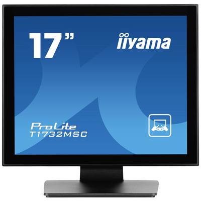 Een vierkante monitor met het opschrift '17"' en 'iiyama' bovenaan. Onderaan: Model 'ProLite T1732MSC' en een symbool voor touchscreen.