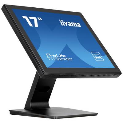 Een zwarte 17-inch touchscreen-monitor van het merk Iiyama, model ProLite T1732MSC, op een standaard, licht gekanteld.