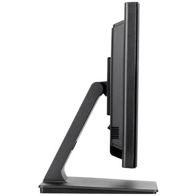 Een afbeelding van een zwart computerscherm van opzij, staand op een tafel. Het scherm heeft een minimalistisch design.