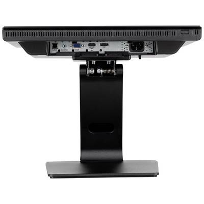 Achterzijde van een computerbeeldscherm op een standaard. Zichtbare aansluitingen: audio, VGA, USB, DVI en stroomkabel.