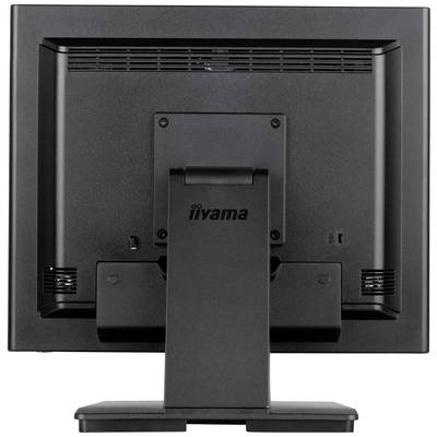 Achterkant van een zwarte computermonitor met een stabiele voet. Het ontwerp is strak en functioneel.
