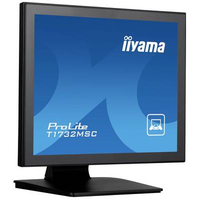 Een iiyama Monitor, model ProLite T1732MSC, met een blauwe beeldscherm en logo rechtsboven, op een zwarte standaard.