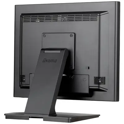 Achterkant van een computerscherm met een zwarte behuizing en standaard, zonder zichtbare aansluitingen of merkaanduidingen.