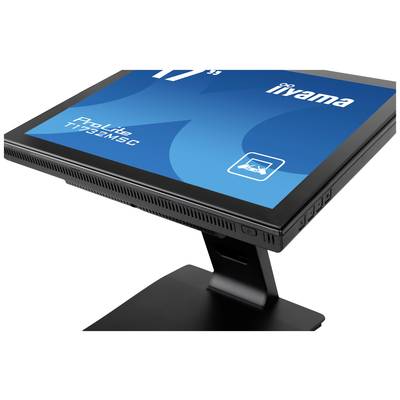 Een 17-inch touchscreen-monitor van iiyama, model ProLite T1732MSC, gemonteerd op een zwarte standaard in een zijaanzicht.