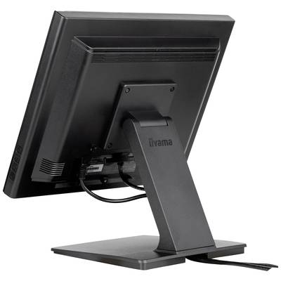 Achterkant van een computermonitor op een standaard, met zichtbare aansluitingen en ventilatiesleuven.