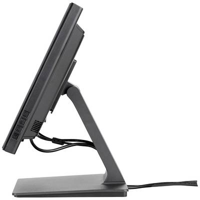 Zijaanzicht van een zwarte computermonitor met voet en kabels.