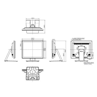 Technische tekening van een monitor met verschillende aanzichten, voorzien van afmetingen en markeringen voor schroefgaten en VESA-bevestigingssteun.