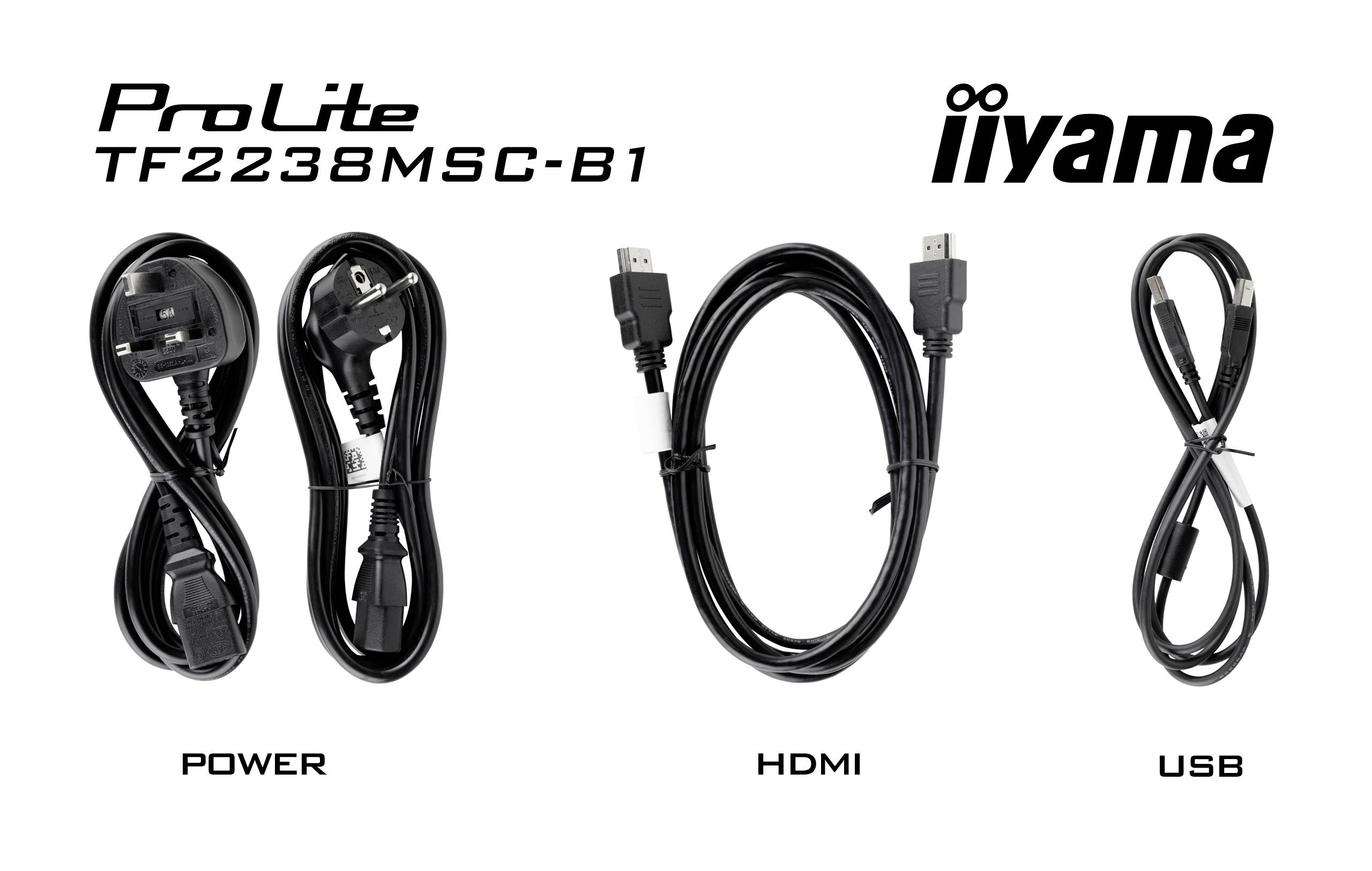 'Drie kabeltypen zijn naast elkaar afgebeeld: stroomkabel, HDMI-kabel en USB-kabel. Bovenaan staat 'ProLite TF2238MSC-B1' en 'iiyama'.'