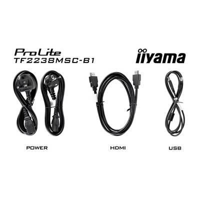 'Drie kabeltypen zijn naast elkaar afgebeeld: stroomkabel, HDMI-kabel en USB-kabel. Bovenaan staat 'ProLite TF2238MSC-B1' en 'iiyama'.'