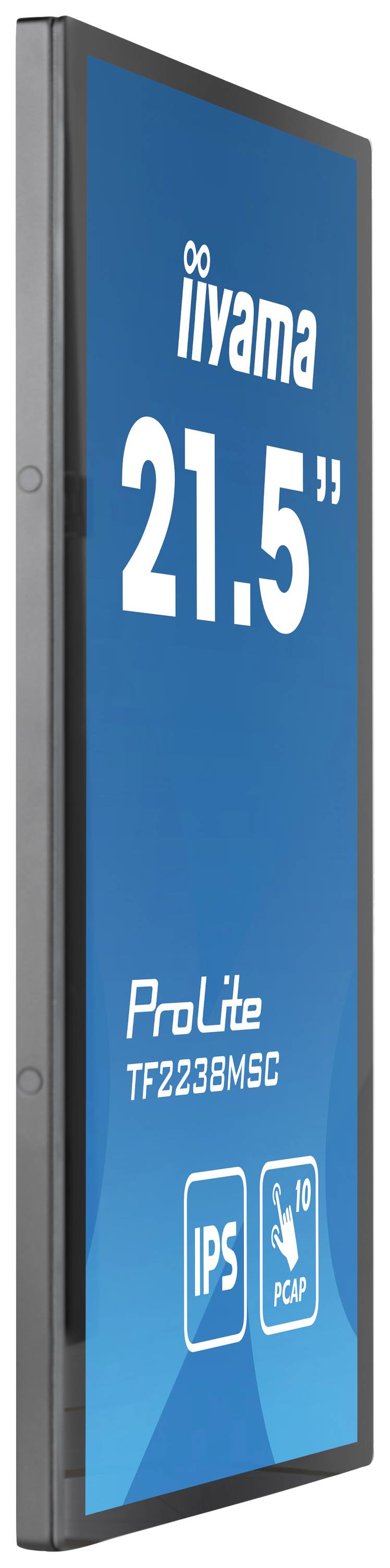 Monitor in staande stand met het opschrift 'iiyama 21,5" ProLite TF2238MSC', ondersteunt IPS-technologie en 10-punts touchscreen.