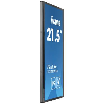 Monitor in staande stand met het opschrift 'iiyama 21,5" ProLite TF2238MSC', ondersteunt IPS-technologie en 10-punts touchscreen.