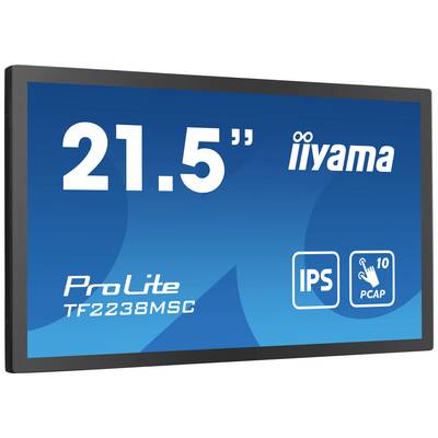 Monitorscherm met opschrift '21,5 inch', 'iiyama', 'ProLite TF2238MSC', 'IPS', 'PCAP 10 punts', blauwe achtergrondkleur.