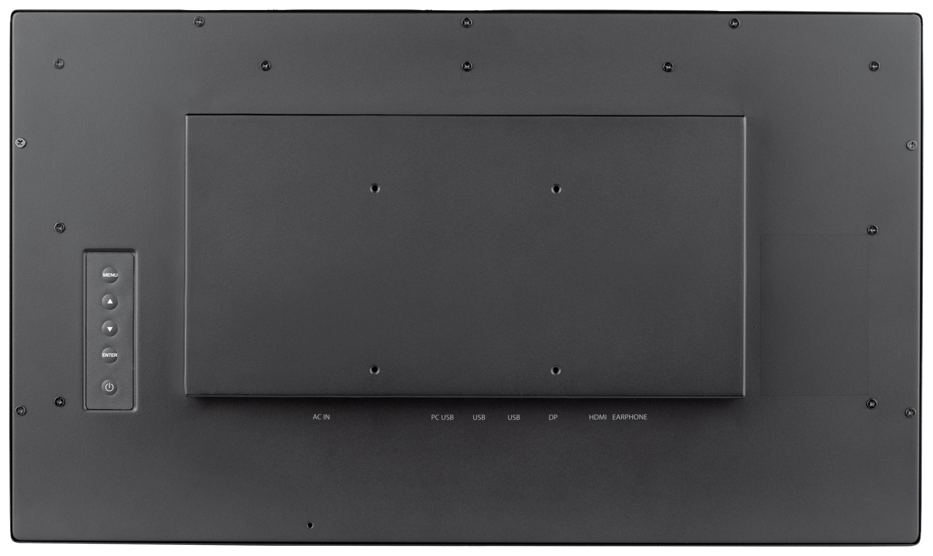 Achteraanzicht van een monitor met knoppen aan de linkerkant en verschillende aansluitingen onderaan.