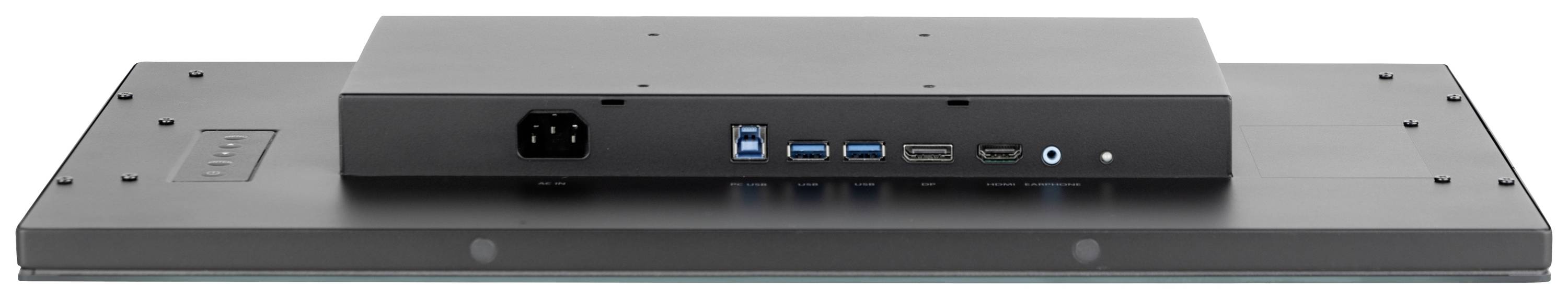 Achterkant van een zwarte monitor met meerdere aansluitingen, waaronder USB-poorten, HDMI en een stroomaansluiting.