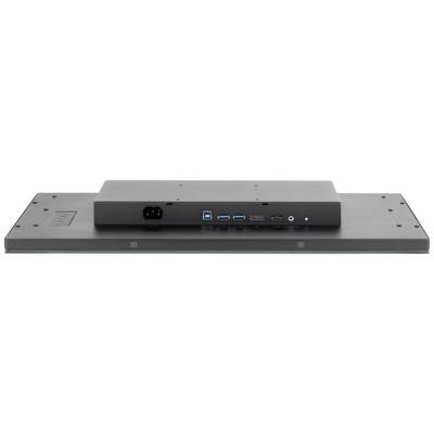 Achterkant van een zwarte monitor met meerdere aansluitingen, waaronder USB-poorten, HDMI en een stroomaansluiting.