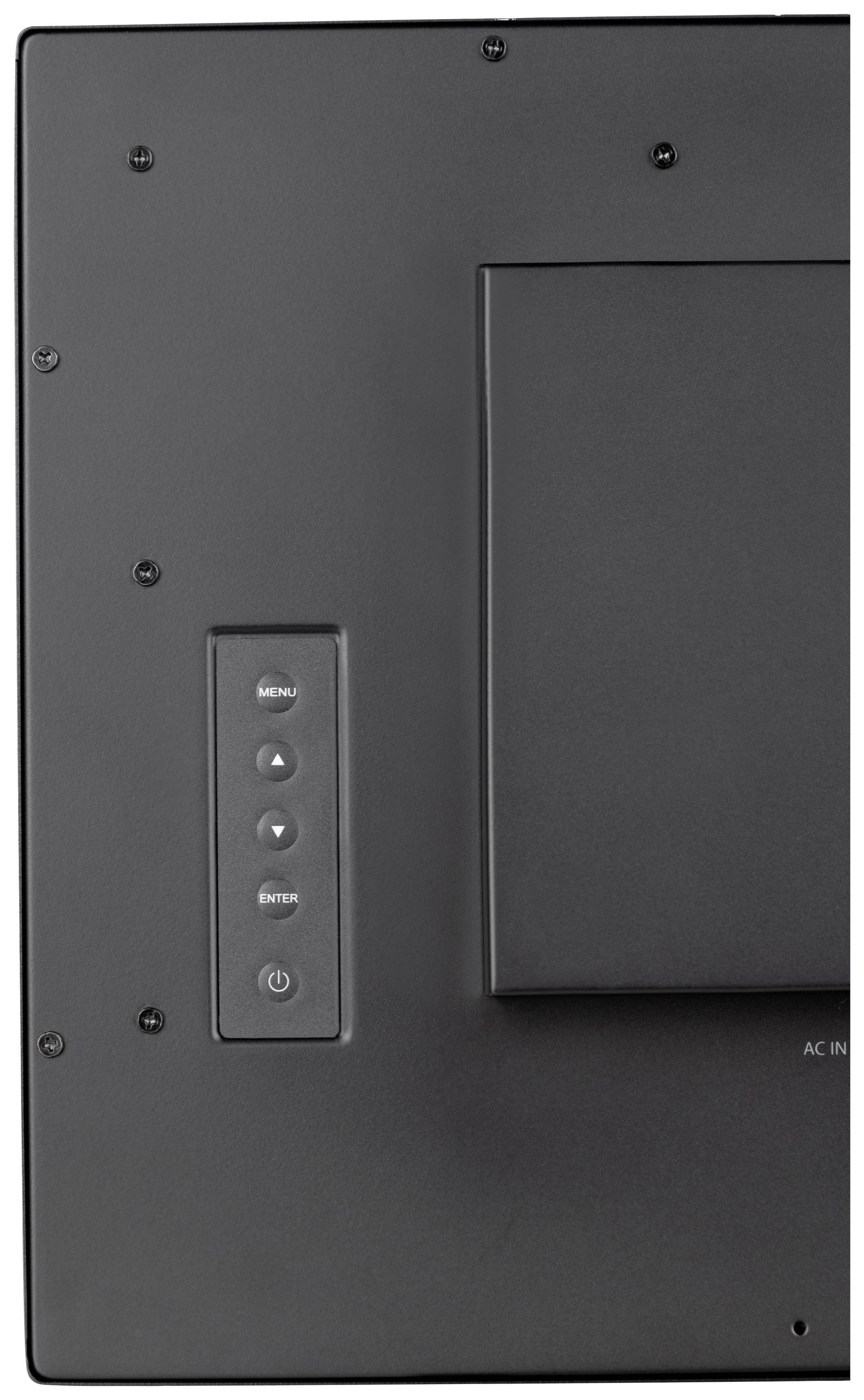 Een zwarte monitorachterkant met bedieningsknoppen voor menu, omhoog, omlaag en aan/uit-knop.