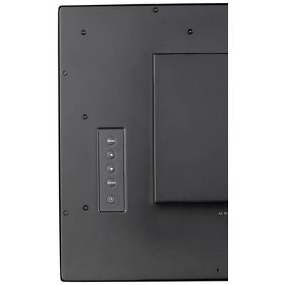 Een zwarte monitorachterkant met bedieningsknoppen voor menu, omhoog, omlaag en aan/uit-knop.