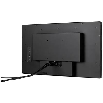 Achterkant van een zwarte monitor met zichtbare aansluitingen en kabels die naar beneden lopen.